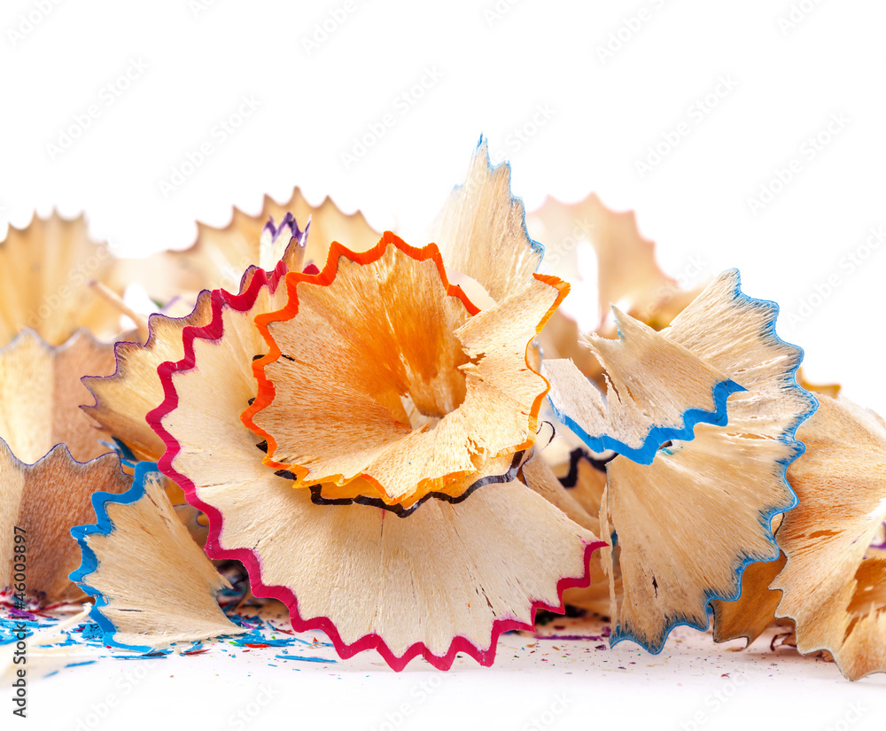 Pencil shaving isolated on white background, Closeup Pencil shaving isolated on white background, Closeup