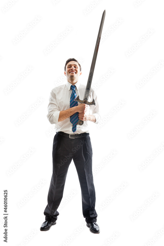 Happy Businessman with sword Happy Businessman with sword