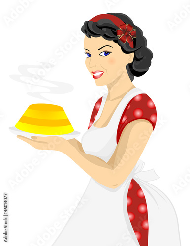 Illustration of beautiful woman posing with cake