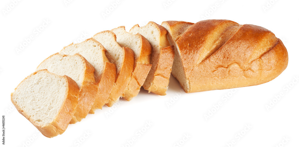 Fresh white loaf with slices isolated on white background