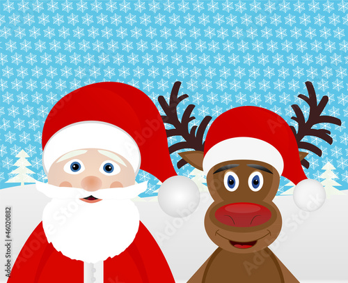 Christmas Reindeer and Santa Claus in the woods