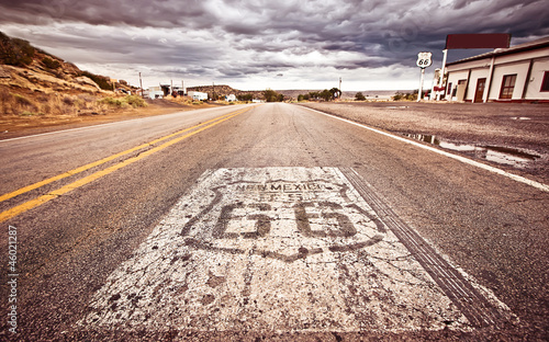 An old Route 66 shield painted on road photo