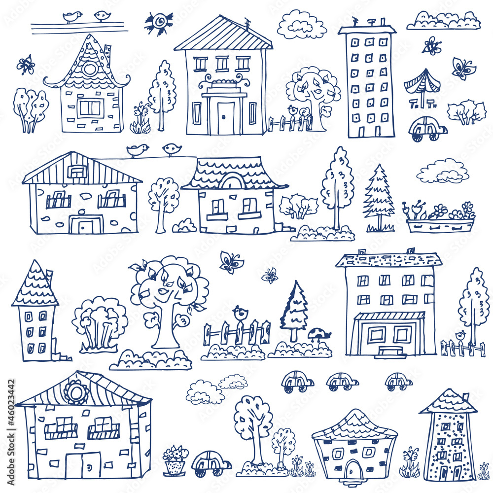 doodle set of house tree doodle set of house tree