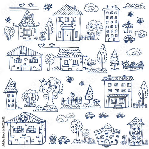 doodle set of house tree