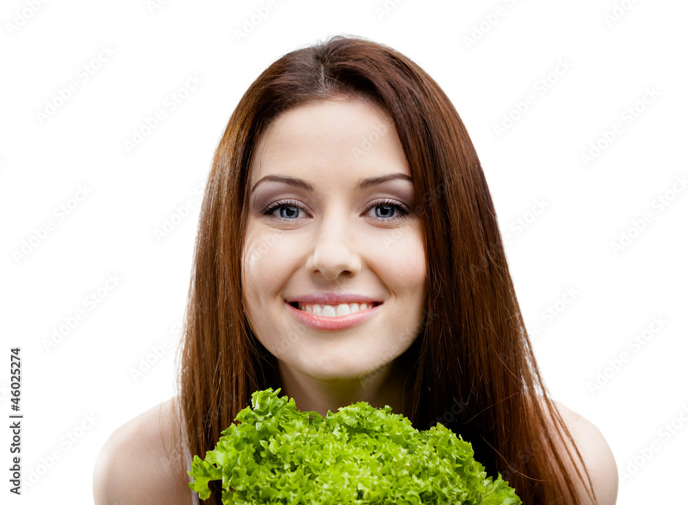 Woman holds fresh lettuce leaves, isolated on white Woman holds fresh lettuce leaves, isolated on white