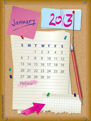 2013 calendar - month January - cork board with notes