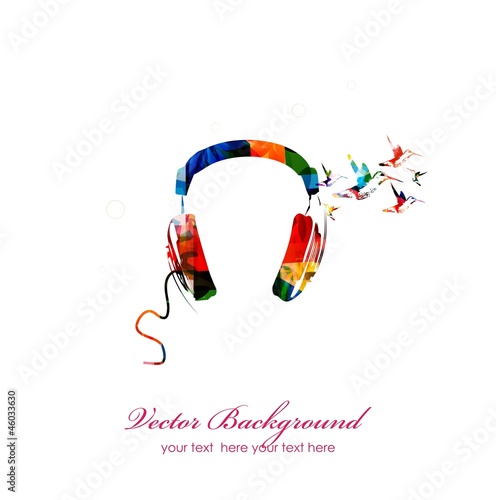 colorful vector head phone with hummingbirds