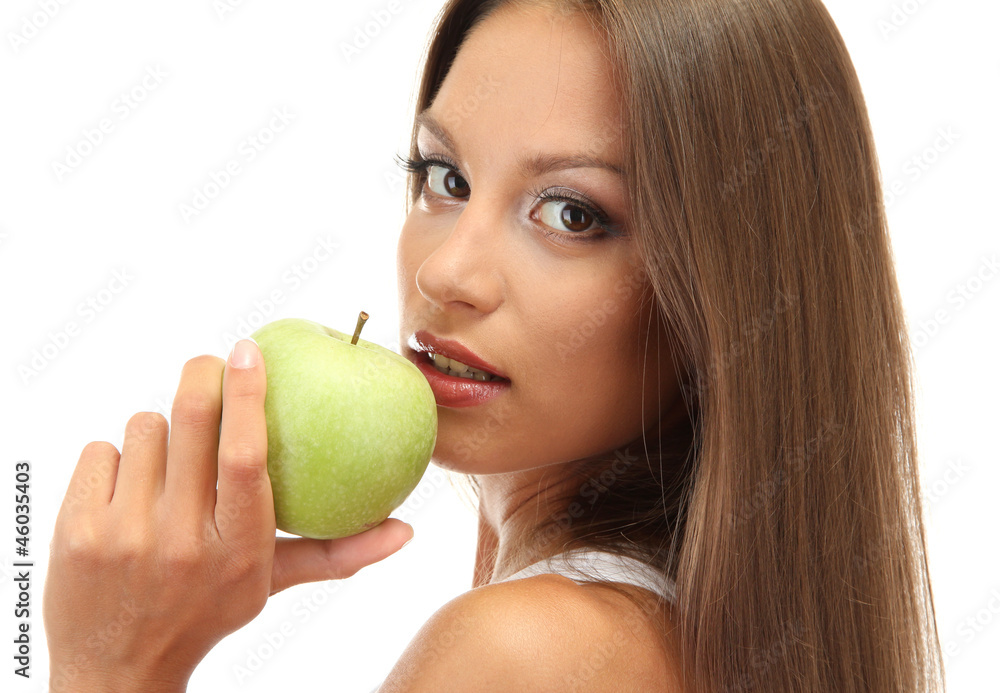 beautiful young woman with green apple, isolated on white beautiful young woman with green apple, isolated on white