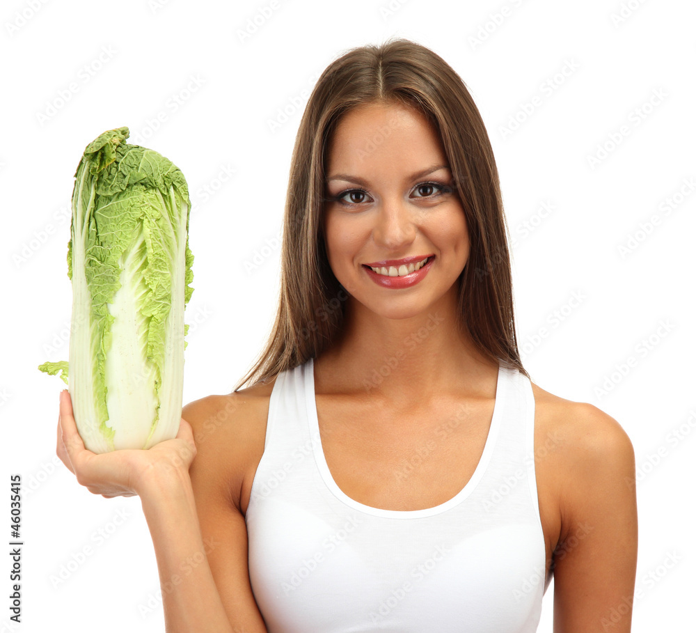 beautiful young woman with cabbage, isolated on white beautiful young woman with cabbage, isolated on white