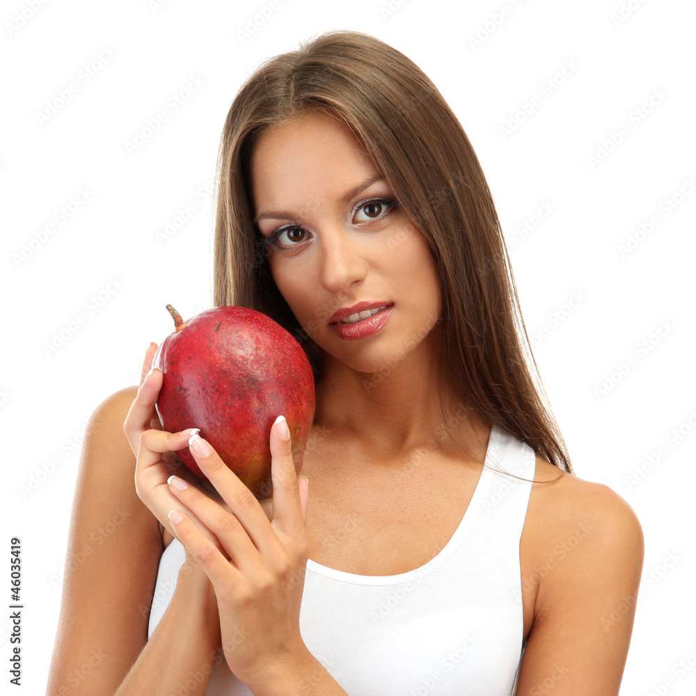 eautiful young woman with mango, isolated on white eautiful young woman with mango, isolated on white