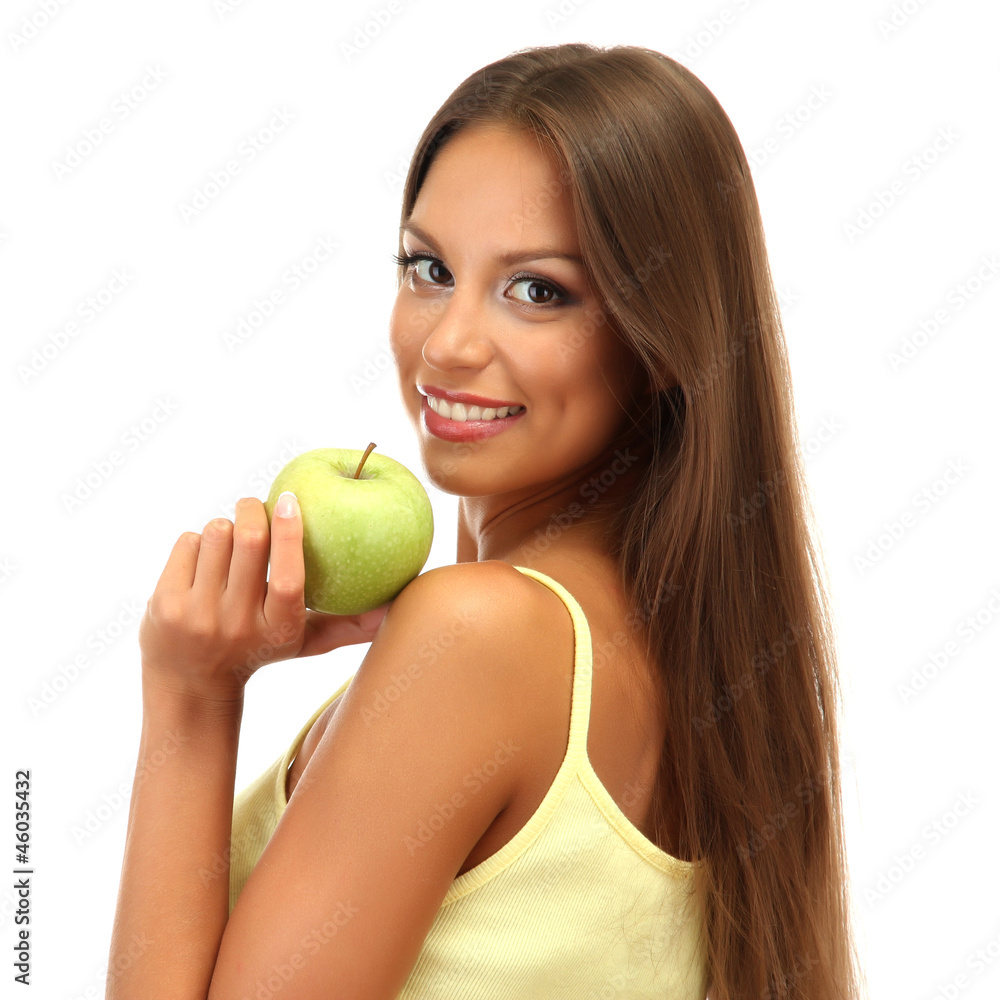 beautiful young woman with green apple, isolated on white beautiful young woman with green apple, isolated on white