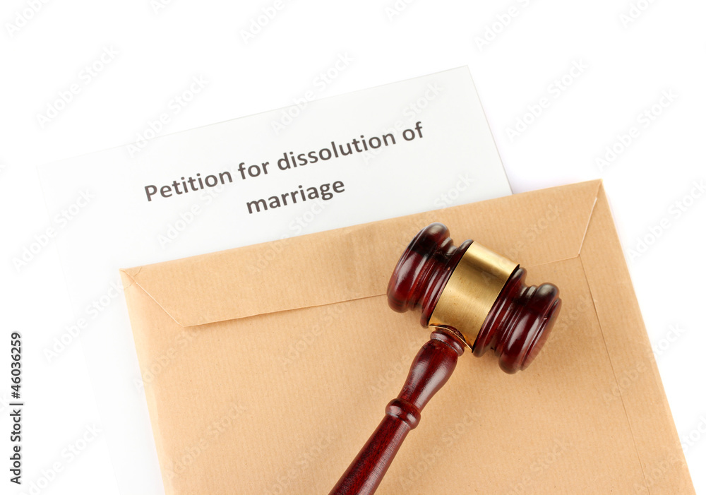 Divorce decree and envelope on white background