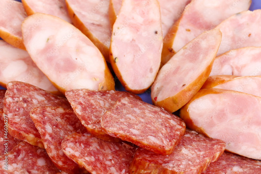 Tasty sliced sausage on plate close-up Tasty sliced sausage on plate close-up