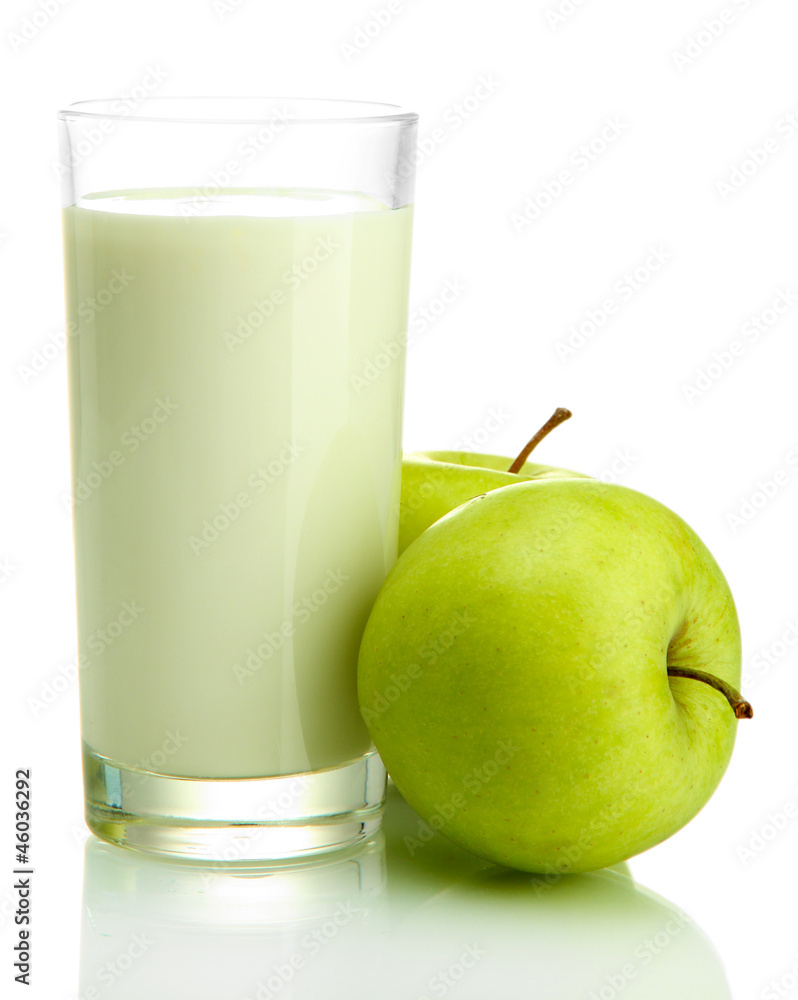 Glass of kefir and green apples, isolated on white Glass of kefir and green apples, isolated on white
