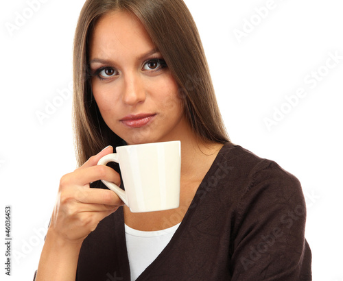 beautiful young woman with cup of coffee  isolated on white