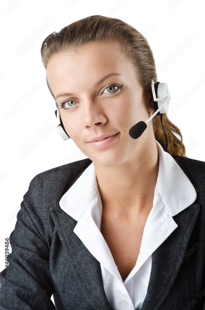 Attractive helpdesk operator on white Attractive helpdesk operator on white