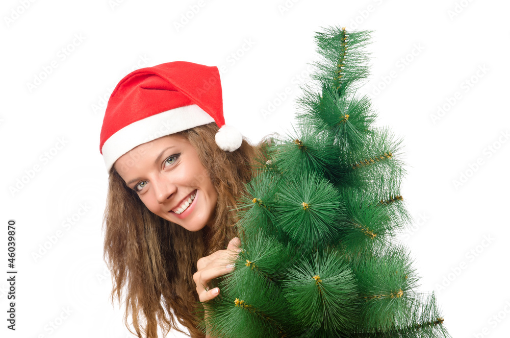 Young woman with christmas tree Young woman with christmas tree