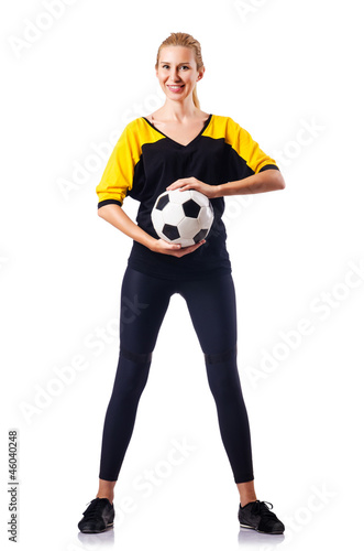 Woman football player on white