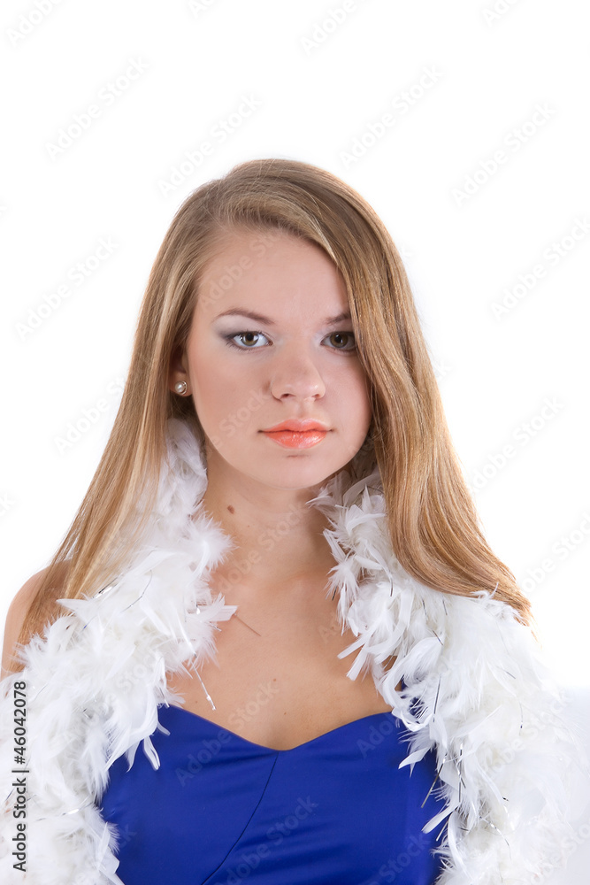 woman in blue dress with her white feathered boa