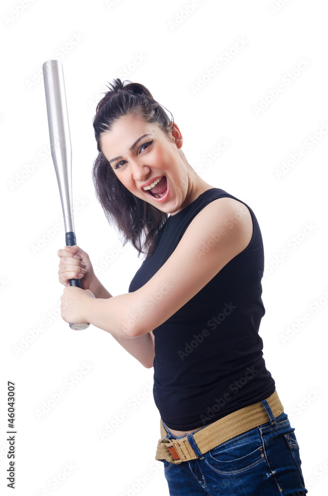 Woman criminal with bat on white Woman criminal with bat on white