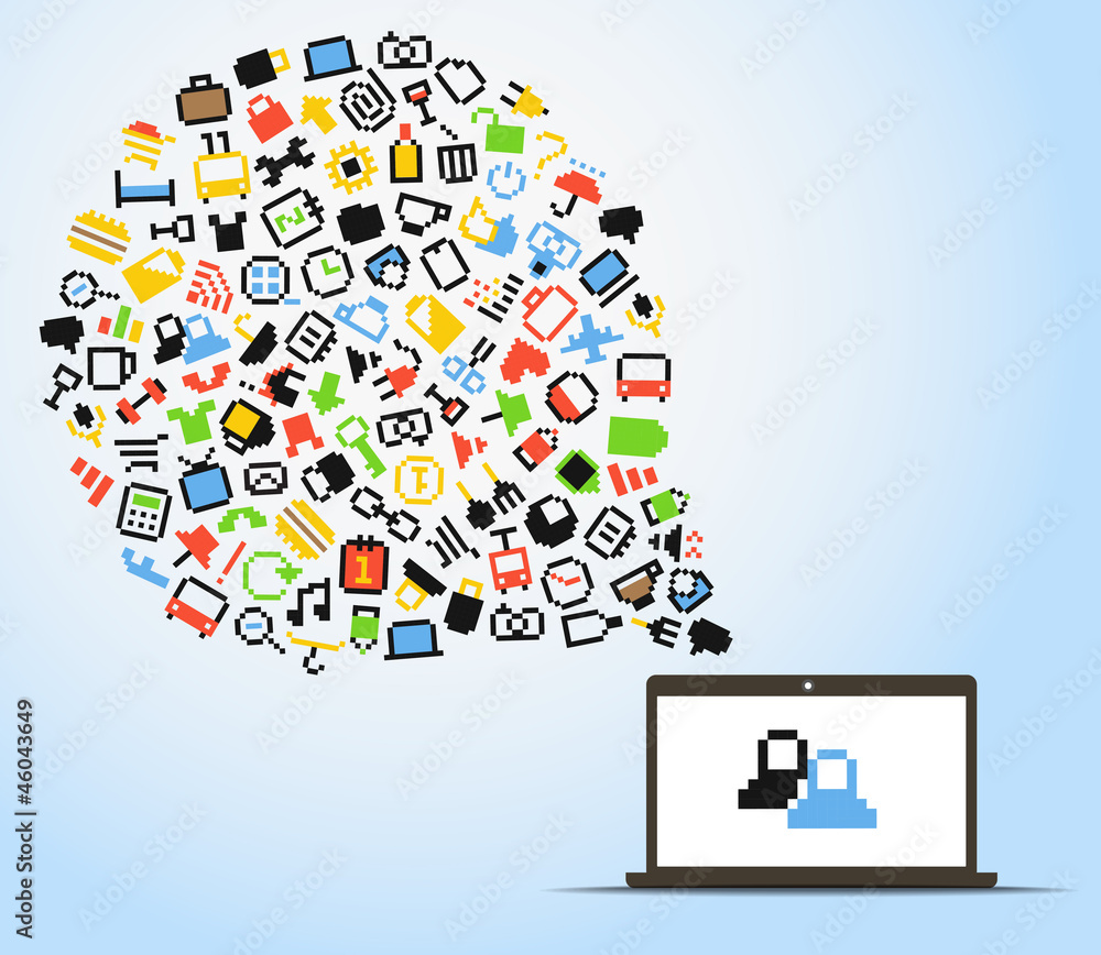 Abstract speech cloud of pixel icons and computer Abstract speech cloud of pixel icons and computer