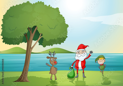 santa claus, a boy and a reindeer