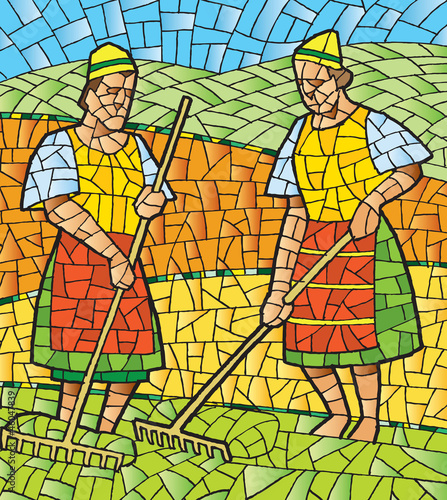 mosaic women  in the field with a rake works