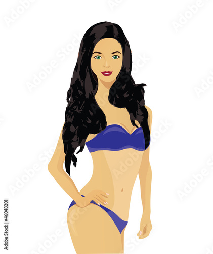 elegant woman in a blue bathing suit with her hair