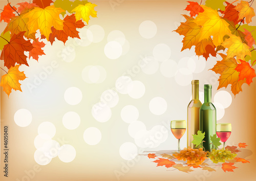 Autumn , postcard .Ripe grapes, wine glass and bottle wine .