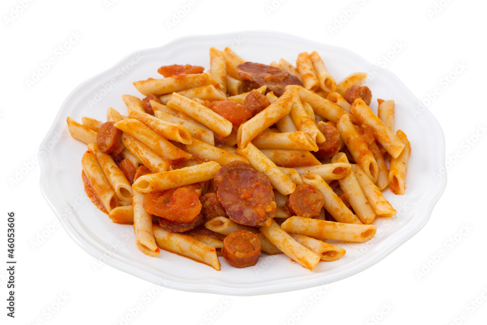 penne with sausages on the white background penne with sausages on the white background
