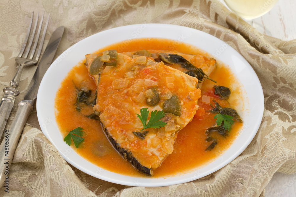 swordfish in sauce with olives and parsley swordfish in sauce with olives and parsley