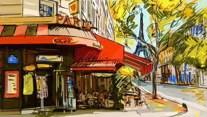 Fototapete Abbildung Paris Gezeichnete Strasse im Herzen von Paris  © ZoomTeam