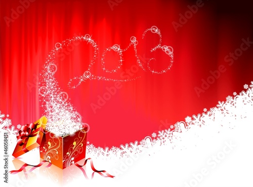 Vector Happy New Year design with shiny magic gift box.