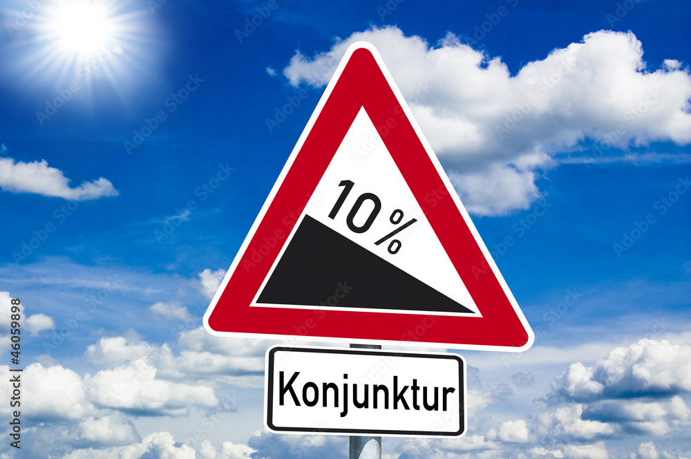 Schild mit Konjuntkur hinab und Sonne Schild mit Konjuntkur hinab und Sonne