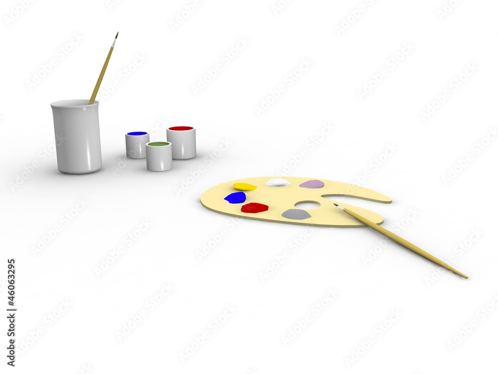 Art tools: paint, palette, tassels Art tools: paint, palette, tassels