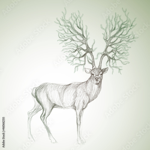 Deer with antlers like Christmas tree / Surreal vector sketch