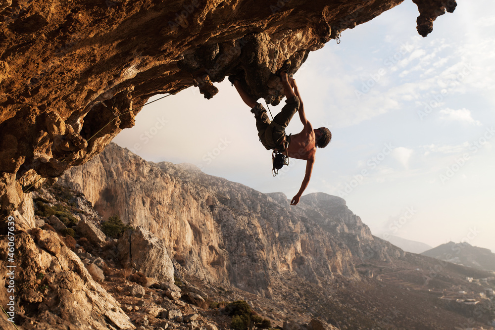 Rock climber at sunset, Kalymnos Island, Greece - obrazy, fototapety, plakaty 