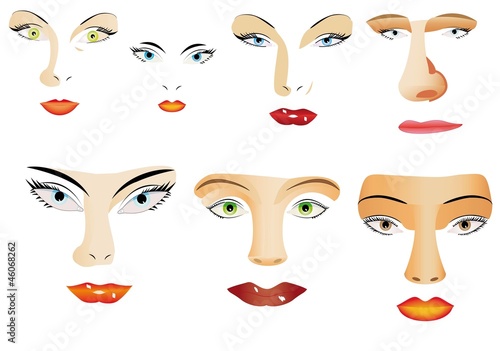 Set of different eyes, lips, noses on white background.