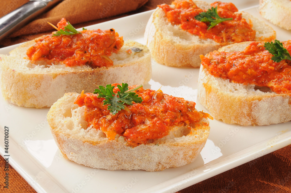 Piquillo and artichoke bruschetta on Italian bread Piquillo and artichoke bruschetta on Italian bread
