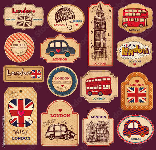 Vintage tags and labels with London symbols