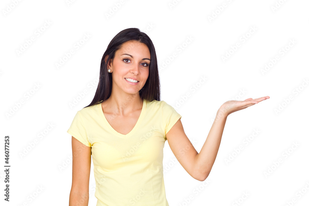 Casual Woman Holding an Imaginary Product Casual Woman Holding an Imaginary Product