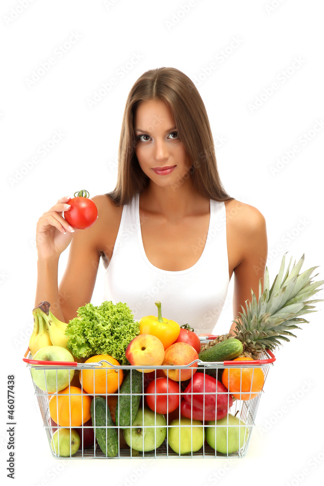 beautiful young woman with fruits and vegetables in shopping beautiful young woman with fruits and vegetables in shopping