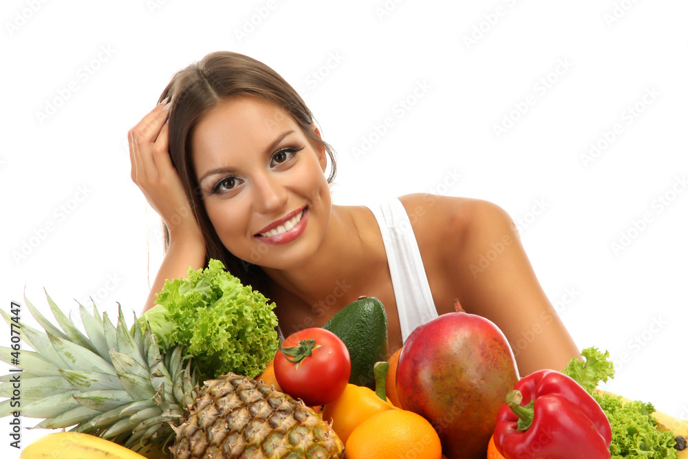 beautiful young woman with fruits and vegetables, isolated beautiful young woman with fruits and vegetables, isolated