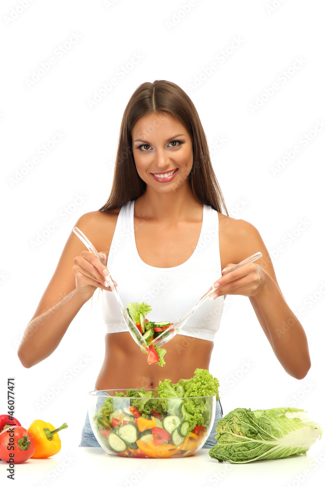 beautiful young woman with salad, isolated on white beautiful young woman with salad, isolated on white