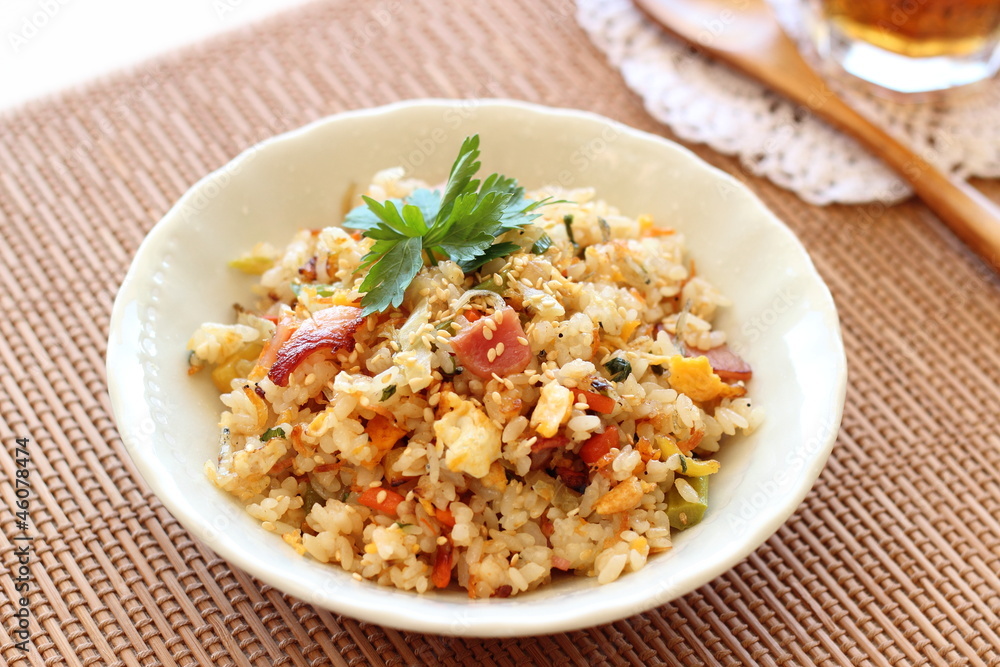 Healthy fried rice with vegetables and bacon