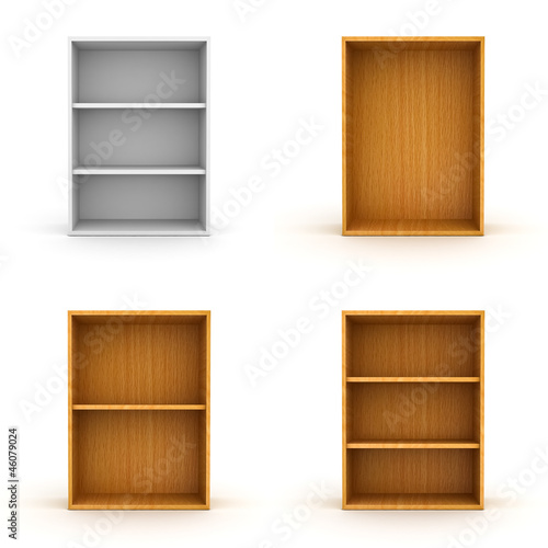 Collection of empty shelves isolated over white background