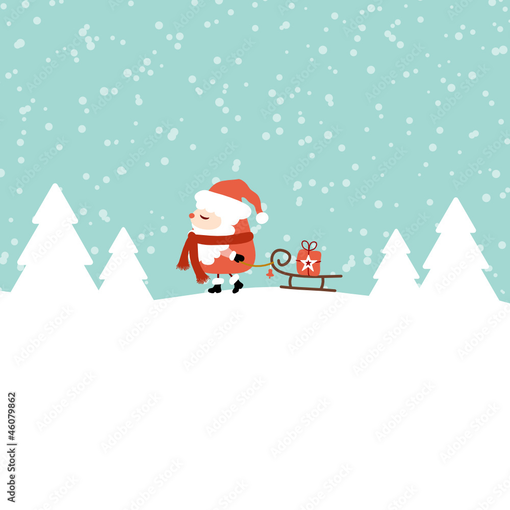 Santa Pulling Sleigh With Gift Retro