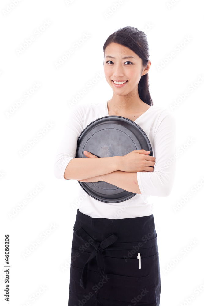 a young asian waitress on white background a young asian waitress on white background