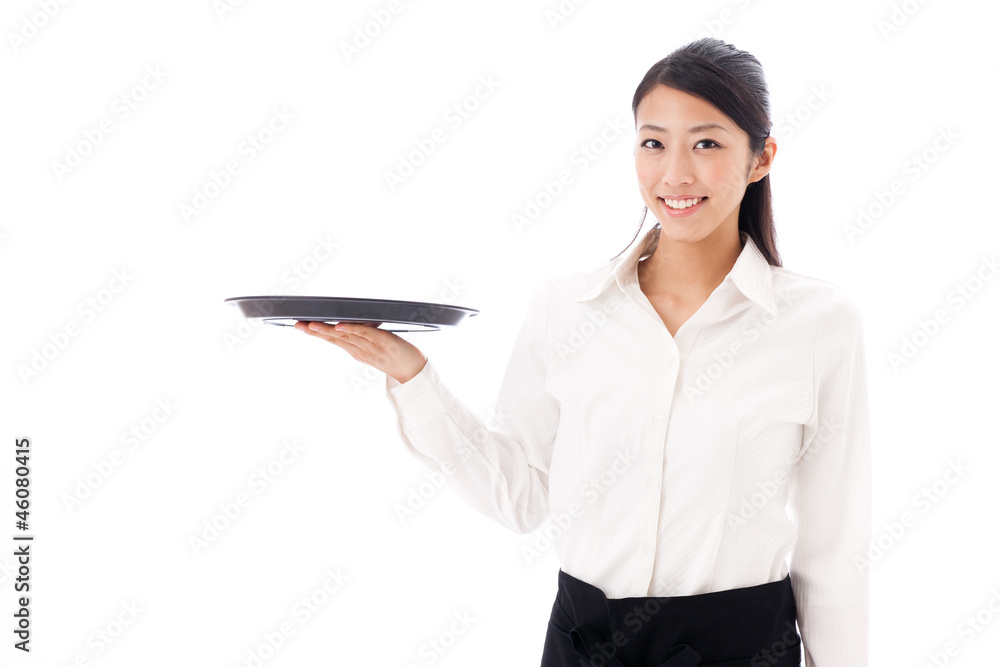 a young asian waitress on white background a young asian waitress on white background
