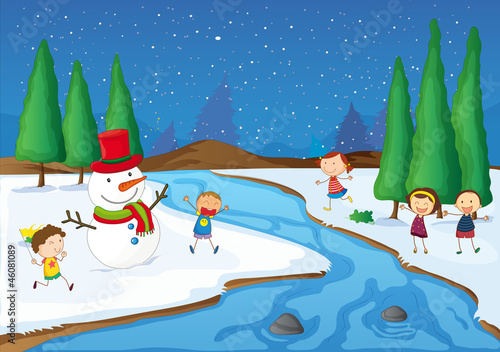 a snowman, kids near river